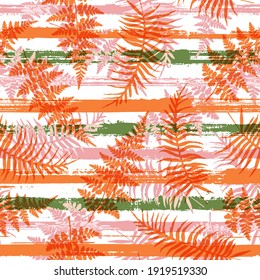 Cool new zealand fern frond and bracken grass overlapping stripes vector seamless pattern. Hawaiian jungle foliage swimwear textile print. Stripes and tropical leaves illustration.
