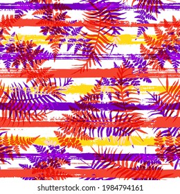 Cool new zealand fern frond and bracken grass overlaying stripes vector seamless pattern. Madagascar forest foliage beach fashion fabric print. Stripes and tropical leaves illustration.