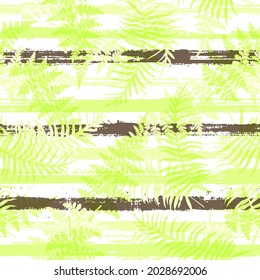 Cool new zealand fern frond and bracken grass over painted stripes seamless pattern design. Hawaiian forest foliage swimwear textile print. Floral tropical leaves seamless design.