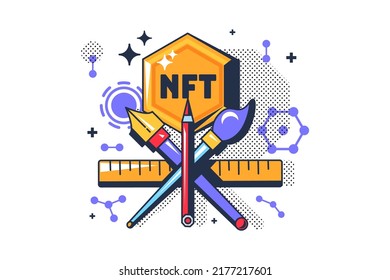 Cool nft tart digital cryptocurrency token vector. Vintage pen and pencil, brush and ruler stationery accessory for cryptoart and creation. Financial electronic system flat cartoon illustration