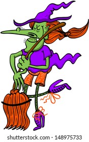 Cool and nice witch dancing tightly with her broomstick in great moment of inspiration