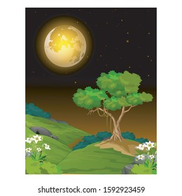Cool Night Landscape View With Grass Hill, Trees, And Moon cartoon