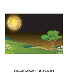 Cool Night View Landscape With Grass Hill And Moonlight Cartoon