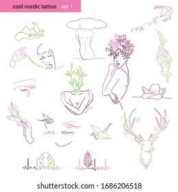 Coole nordische Tätowierungsillustrationen. Moderne ökologische Illustrationen Set 1