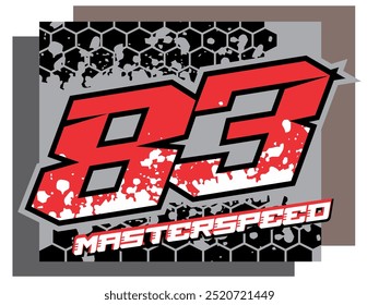 Cool number 83 vector, colorful design, MASTERSPEED text, gray background.