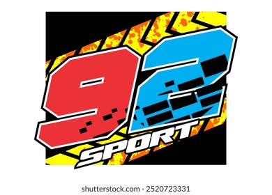 Coole Zahl 92 Vektor, Rennkonzept, bunter SPORT Text, schwarzer Hintergrund.