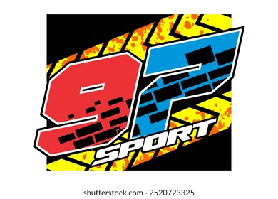 Cool number 97 vector, 3D concept and arrow sign, colorful modern SPORT text, black background.