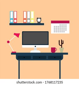 cool office desk, flat office desk illustration, cool for banner, poster