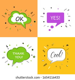 Cool OK Yes thank you, Speech bubbles with dialog words Vector bubbles speech illustration pink  Thinking and speaking clouds