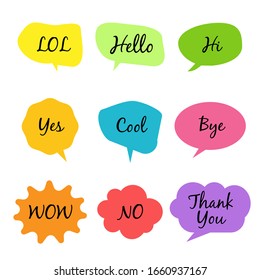 Genial OK Sí gracias, habla burbujas con palabras de diálogo Vector burbujas ilustración de voz rosa Pensamiento y nubes de habla