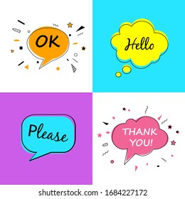 Cool OK Yes thank you, Speech bubbles with dialog words Vector bubbles speech illustration pink  Thinking and speaking clouds