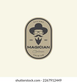 cool old man bearded mustache magician hat vintage badge logo design vector icon illustration