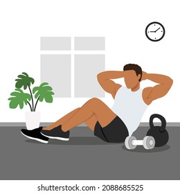 Cool old man doing sit up exercise flat vector illustration isolated on white background