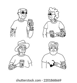 Cool old people with tattoo drinking tea or coffee together. Line art doodle illustration for print, graphic design, stickers and poster template