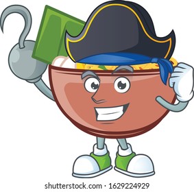 Cool one hand Pirate bowl of noodle cartoon character wearing hat