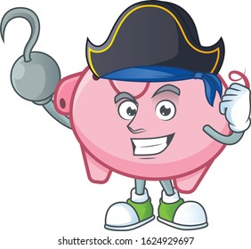 Cool one hand Pirate piggy bank cartoon character wearing hat
