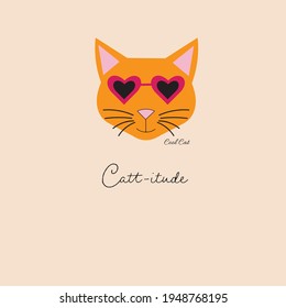 Cool orange cat with heart sunglasses vector illustration on tan panel background pattern design.