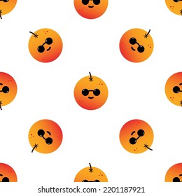 Los personajes frutales de color naranja fresco con gafas de sol y un sonriente vector de fondo de patrón sin fisuras.


