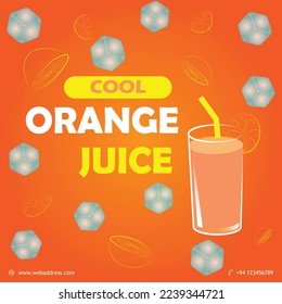 Cool orange juice with ice cubes and lemon slices in background