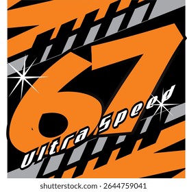Cool orange number 67 vector with modified line variations, sticker print design, black background.