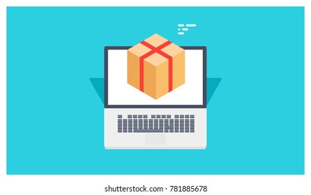 Cool outline icon of laptop computer with gift box, mail dilivery notification concept isometric vector