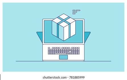 Cool outline icon of laptop computer with gift box, mail dilivery notification concept isometric vector
