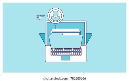Cool outline icon laptop and document folder, internet document access concept, cloud file accounting vector flat illsutration 