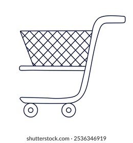 Cool outline supermarket shopping cart on wheels in side view. Shop trolley cart with empty basket to carry products, purchases from grocery, market, store. Sale, commerce doodle isolated on white.
