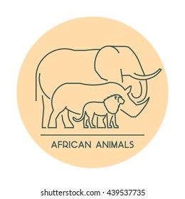 Cool outline symbol Africa. Vector line silhouette of lion, elephant and rhino.