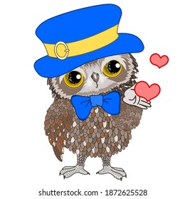 cool owl with a blue bow on the neck blows a kiss, color clip art on white isolated background with hearts