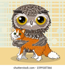 cool owl child hugs a red cat, color vector detailed illustration