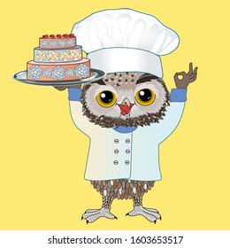 a cool owl pastry chef stands and holds in one hand a cake on a plate, and showing italian bellissimo gesture, foodie eating a tasty food