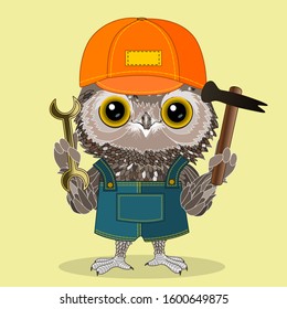 cool owl repair worker, dressed in a blue overalls uniform and orange cap, stands and holds in one hand a wrench, and a sudden hammer, color vector detailed illustration