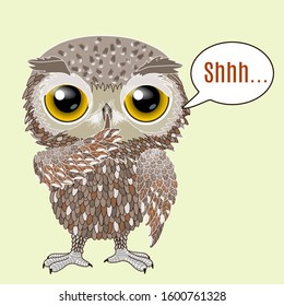 cool owl saying Shhh emoji, emoticon with keep silent gesture, a finger on mouth pose, silence! stop talking! or shut up! expression, vector hand drawing