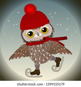 cool owl skater dressed in a red scarf and hat is skating, color vector detailed illustration