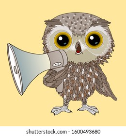 cool owl standing and holding a megaphone in his hand and shouting something, color vector detailed banner or flyer