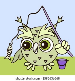 a cool owl stands on a green shore and holds a fishing rod with a caught fish, a bucket stands next to it, vector color clip art