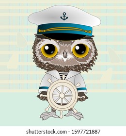 cool owl in a white cap with an anchor and a sailor suit shirt stands and holds the helm in hands on a striped background in pastel colors