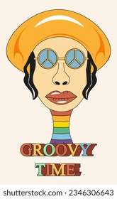 Cool pacific man Portrait in Trendy Hippie retro style. Modern Y2K person with Peace symbol on sunglasses. Design for t-shirt print. Vector illustration. Groovy art with funky person.