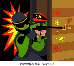 Cool paintball player shooting from his marker. Vector illustration.