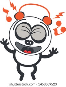Cool panda bear with rounded ears and black rings around eyes while wearing earphones, clenching its bulging eyes, listening to music, smiling generously and dancing animatedly