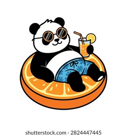 Cool panda character wearing stylish sunglasses and blue tropical shorts lounging comfortably on a giant orange fruit slice floatie while sipping refreshing citrus juice in this vibrant flat vector graphic illustration.