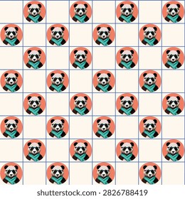 Cool Panda Checkerboard Seamless Kids Pattern