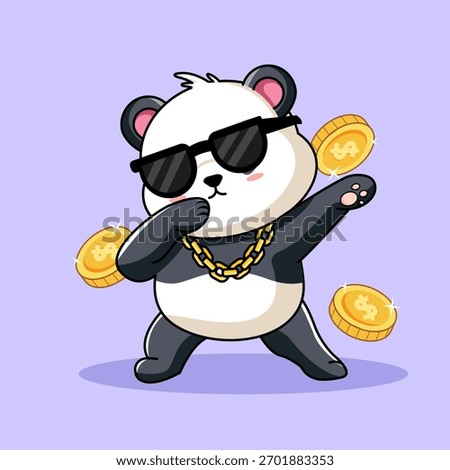 Cool Panda Dabbing with Gold Coins and Sunglasses Vector Illustration Cartoon Design