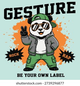 Cool Panda Mascot with Gesture Typography - Urban Rock and Rap Streetwear Vector Art