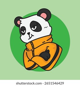 Mascote de panda legal em jaqueta laranja com atitude confiante ilustração de vetor