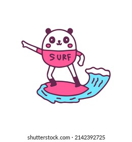Cool panda mascot surfing, illustration for t-shirt, street wear, sticker, or apparel merchandise. With doodle, retro, and cartoon style.