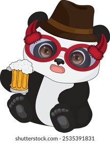 Cool panda with red goggles holding beer vector chibi character mascot