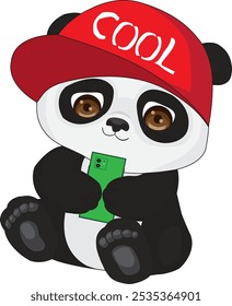 Cool panda with smartphone sitting on floor vector