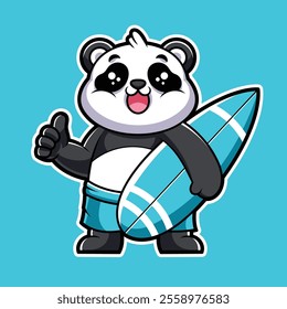 Cool Panda with Surfboard - Cute Summer Cartoon Mascot Illustration